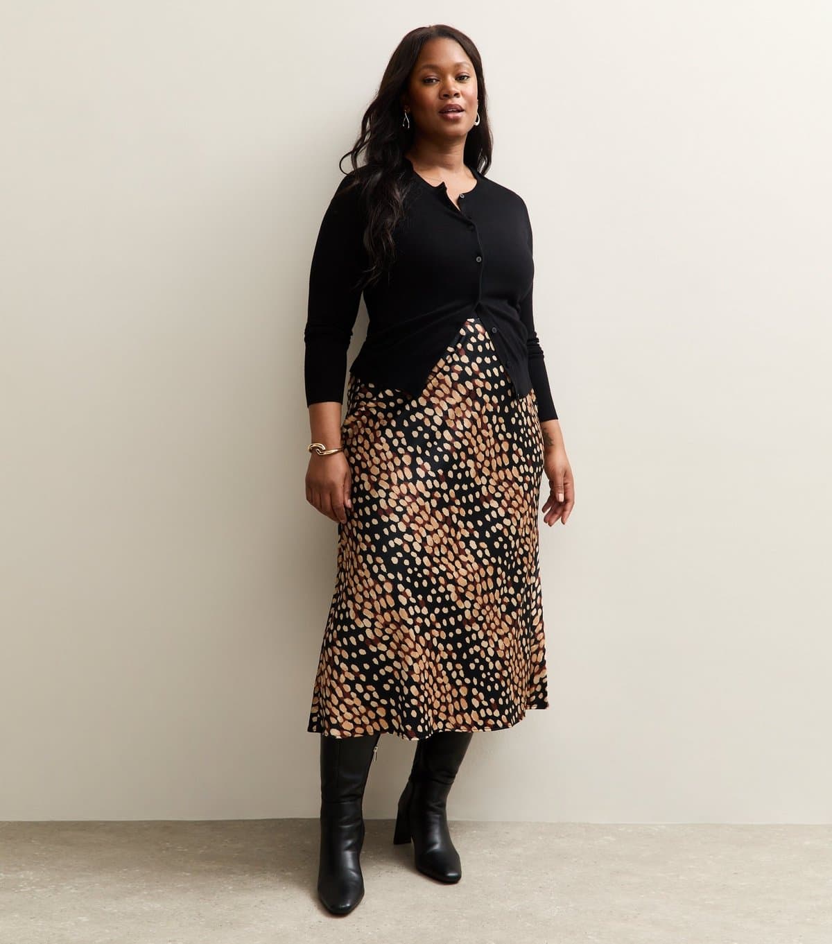 New Look Women's Plus Size Black Spot Print Satin Bias Cut Midi Skirt Curves New Look