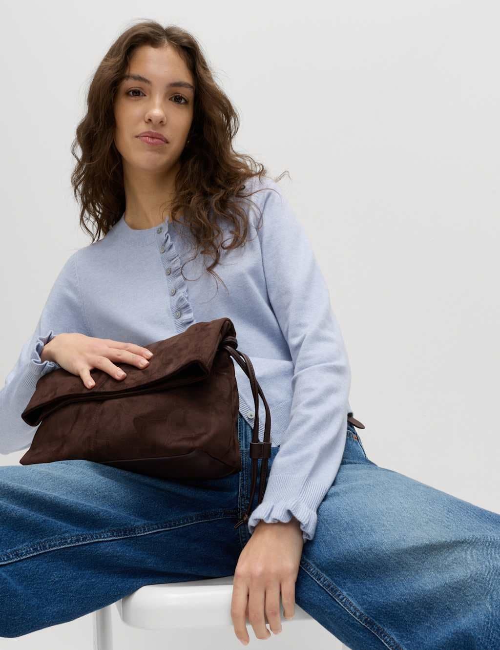 Marks & Spencer M&S Ruffle Slim Fit Cardigan in Faded Blue