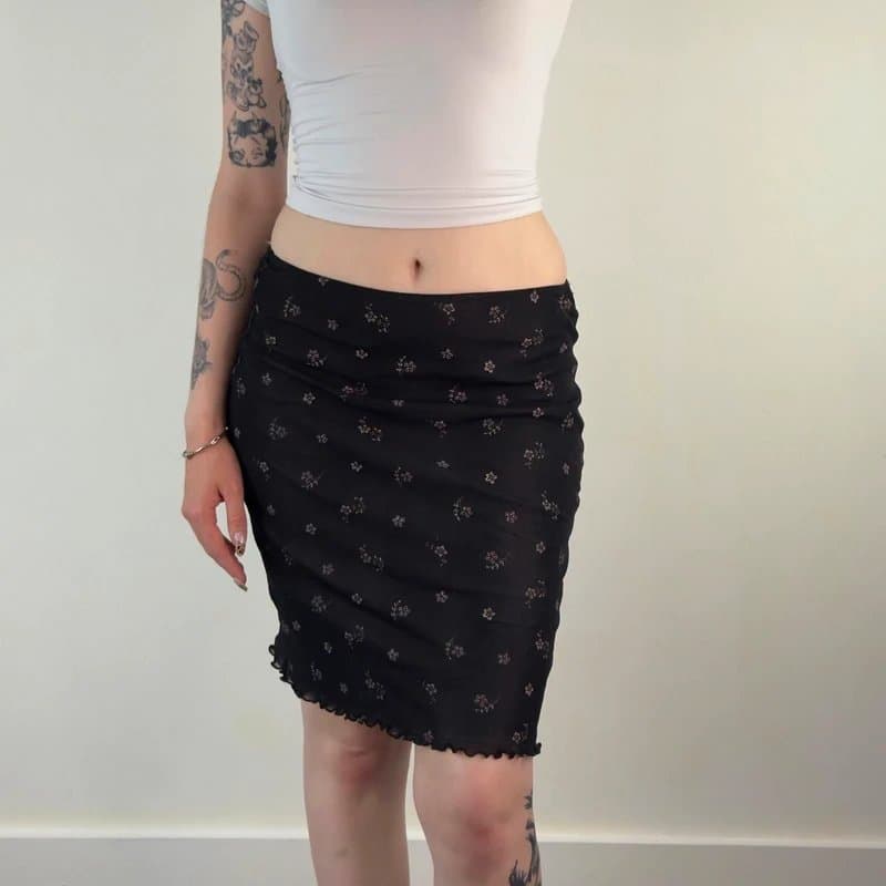 New Look Y2K vintage stretchy mesh midi skirt black with lilac flowers floral print