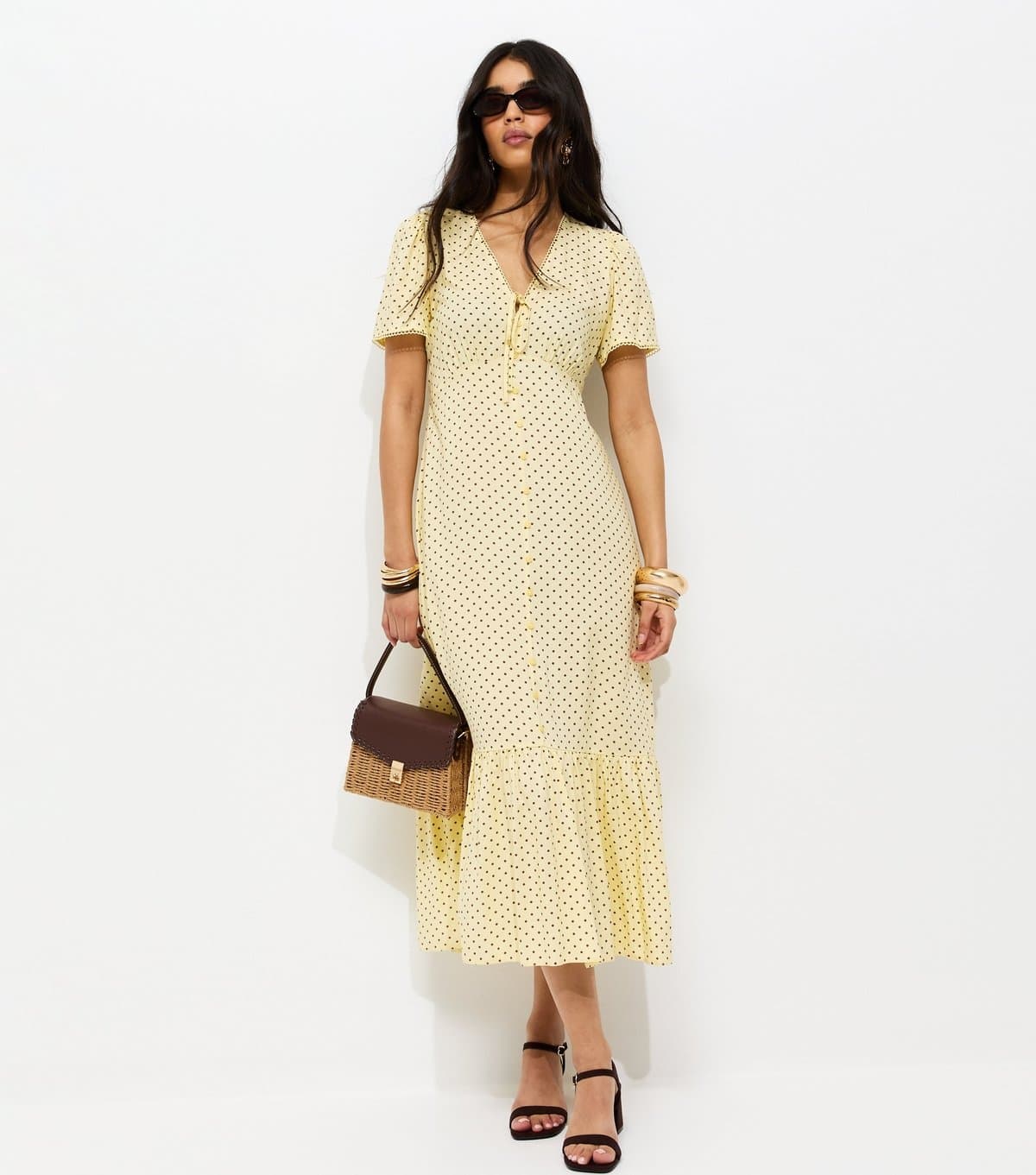 New Look Women's Light Yellow Button Through Tea Midi Dress New Look