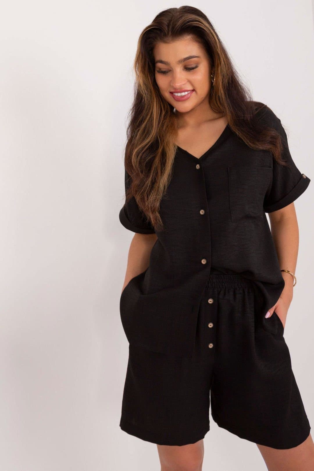 Love Lace Love Lace Women's Cotton Polyester Shirt Shorts Set in Black