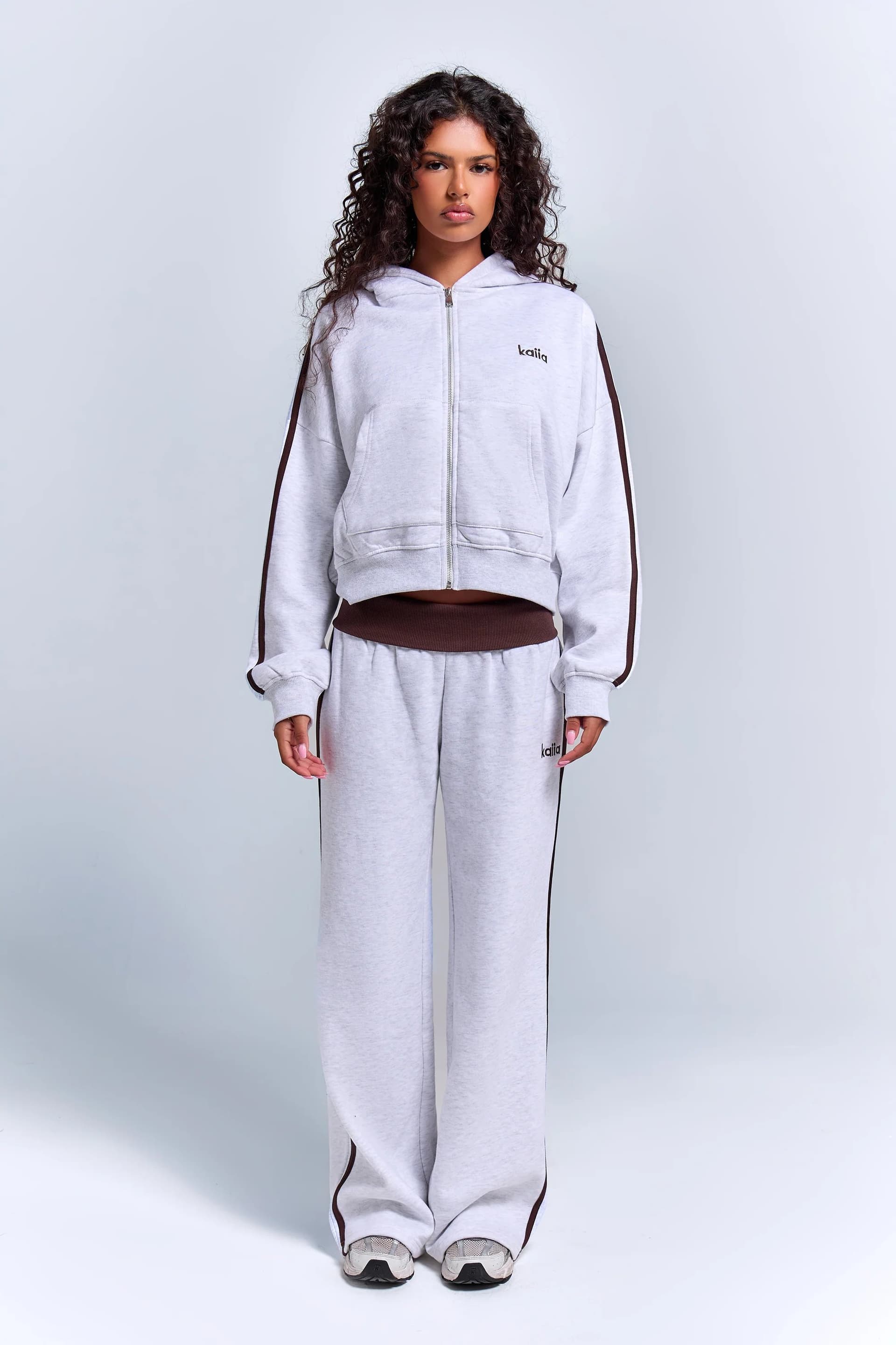 Kaiia Kaiia Sport Side Stripe Oversized Zip Through Hoodie Light Grey Marl & Chocolate