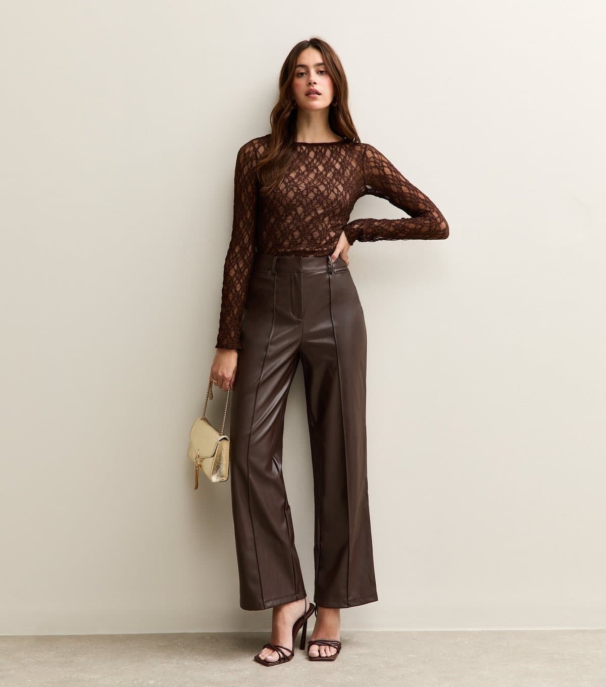 New Look Women's Dark Brown Faux Leather Wide Leg Trousers New Look