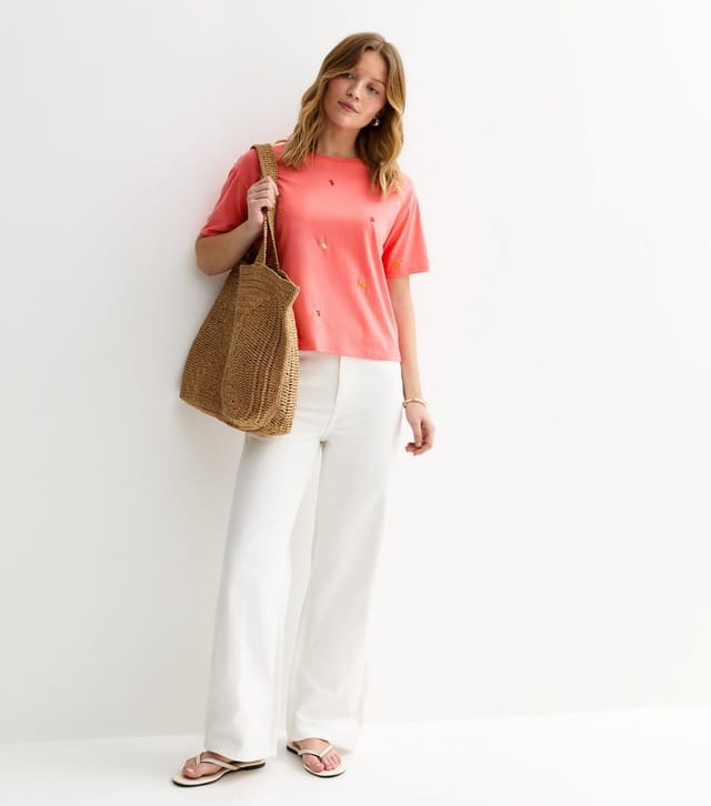 New Look Women's Orange Cotton Boxy Embroidered Fruit T-Shirt New Look - 3