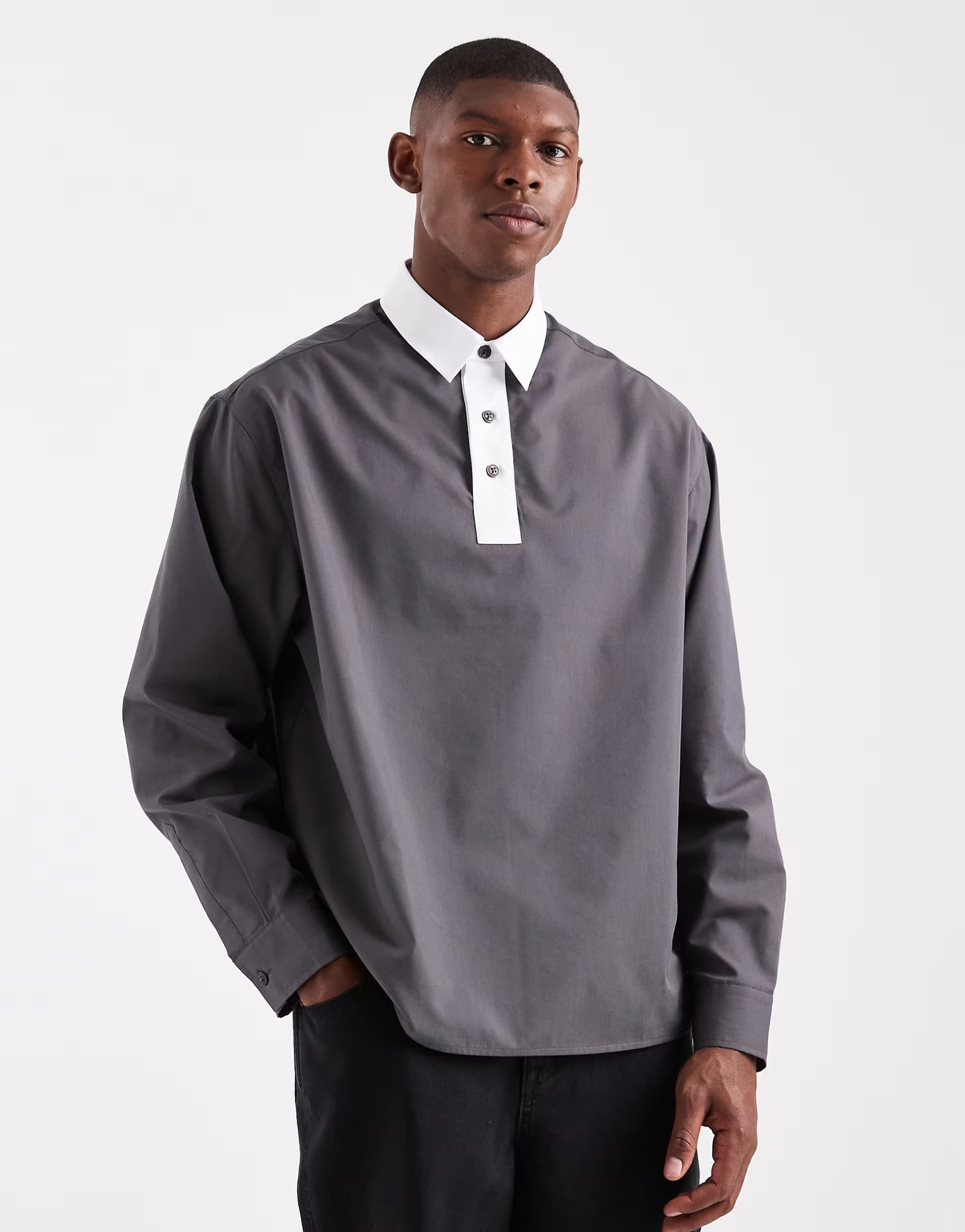 ASOS ASOS DESIGN oversized poplin overhead shirt with contrast collar in grey