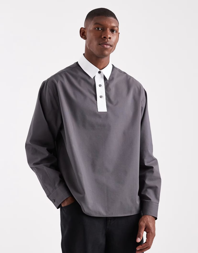ASOS ASOS DESIGN oversized poplin overhead shirt with contrast collar in grey - 1