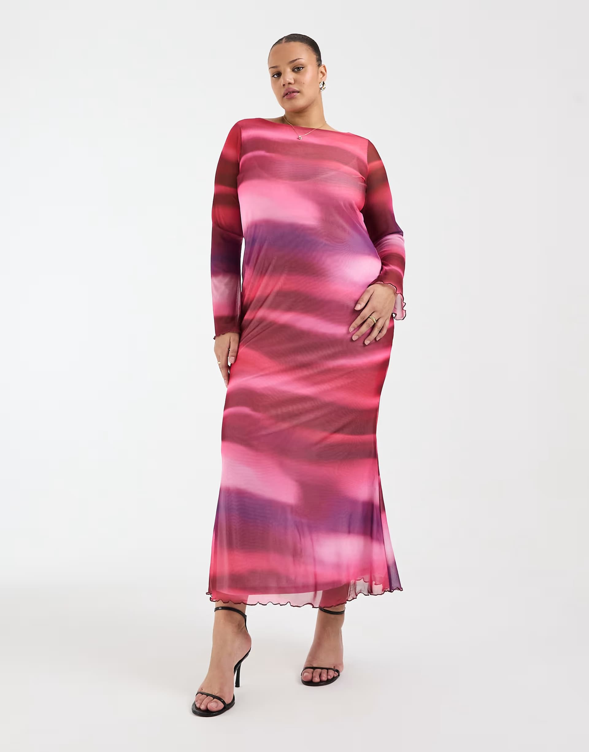 ASOS Vero Moda Curve long sleeve mesh maxi dress in pink abstract print