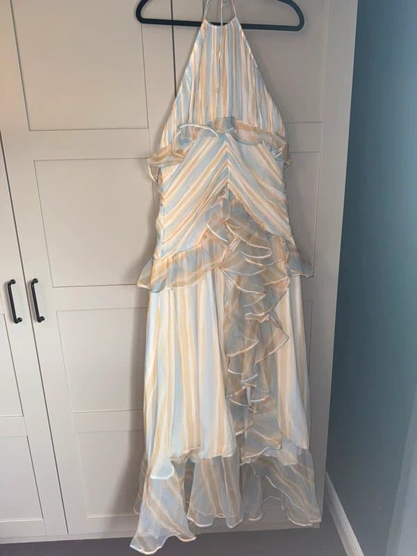 ASOS ASOS luxe design ruffle yellow blue striped dress 16 halter neck