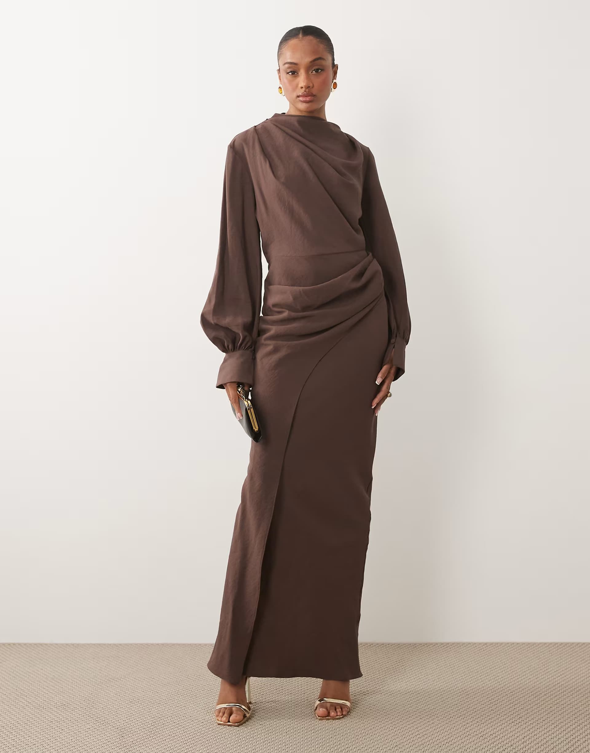 ASOS ASOS DESIGN Tall high neck drape maxi dress with drape skirt in brown