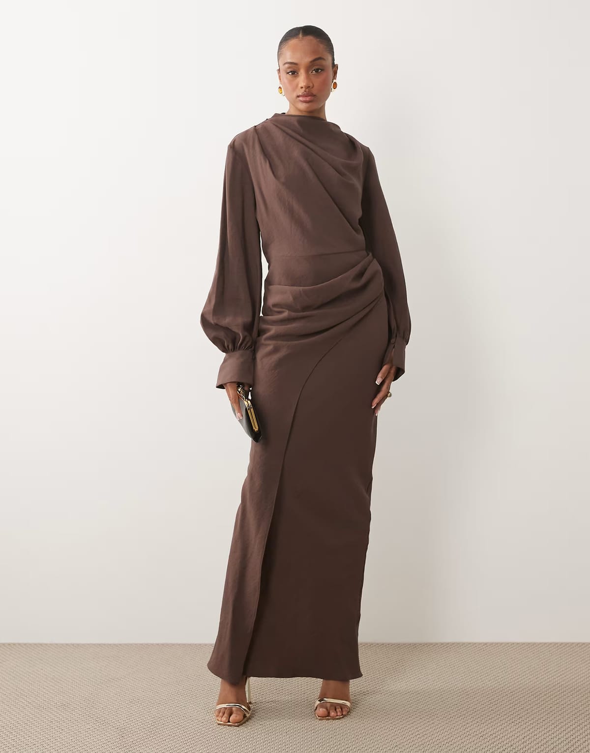 ASOS ASOS DESIGN Tall high neck drape maxi dress with drape skirt in brown - 1