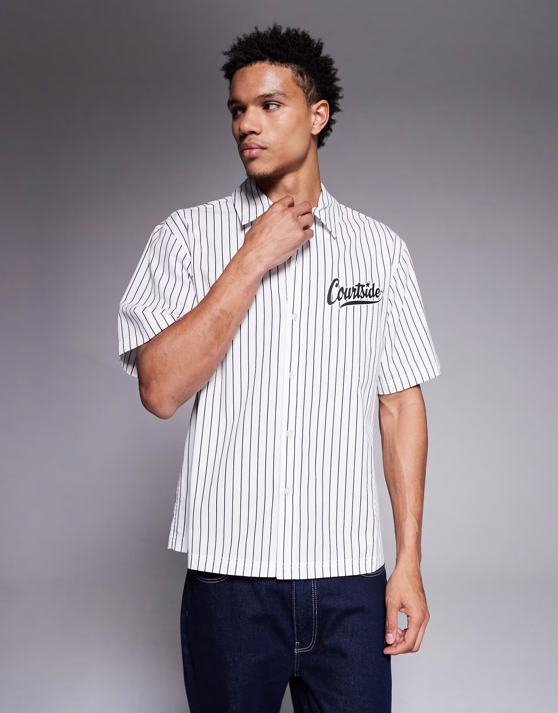 ASOS Courtside boxy striped shirt in white with logo print