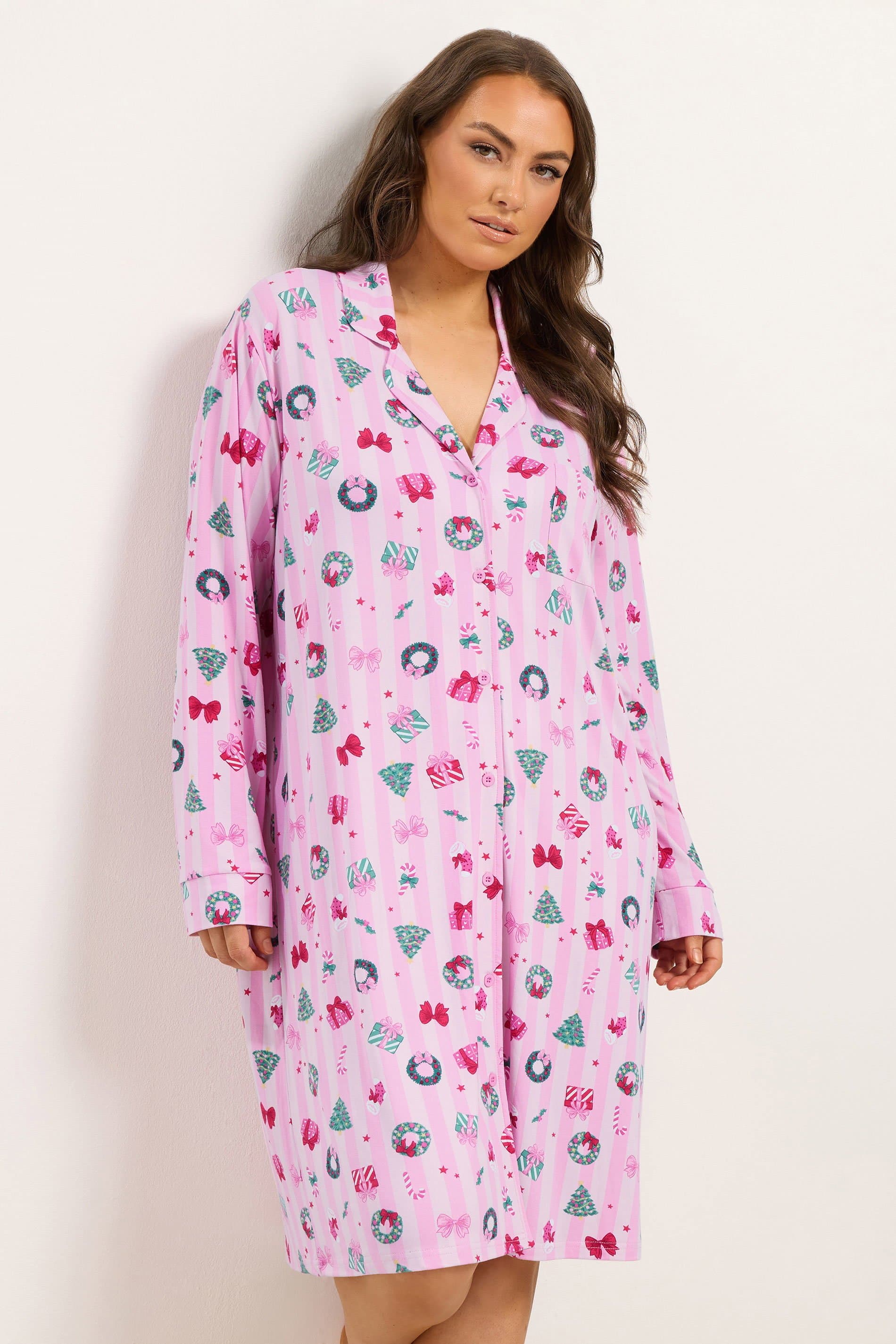 Yours Plus Size Pink Stripe Button Through Nightdress