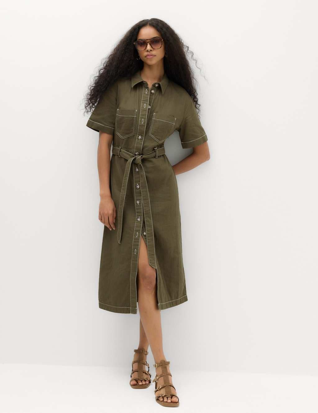 Marks & Spencer M&S Pure Cotton Collared Belted Midi Utility Dress Hunter Green