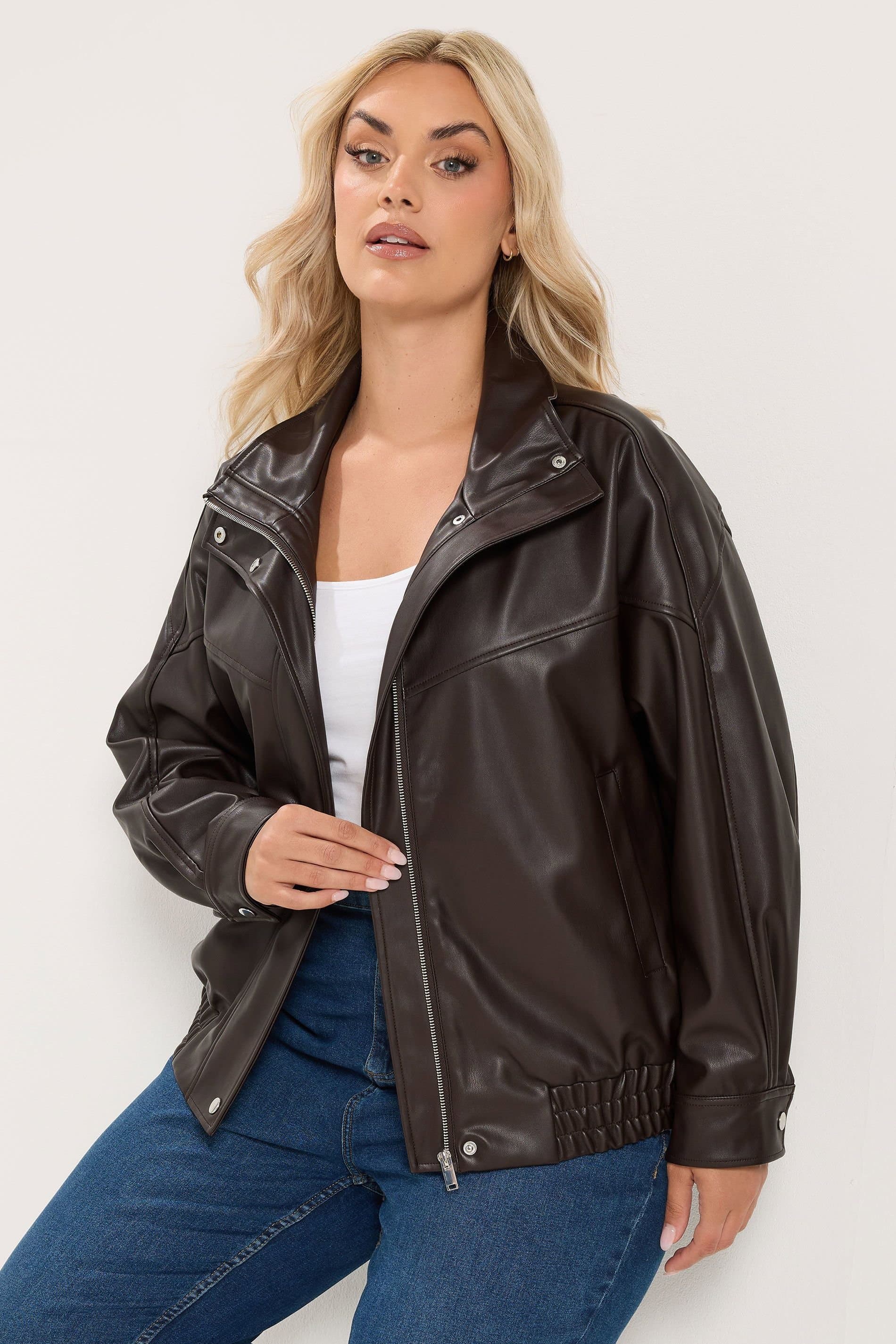 Yours Yours Women's Faux Leather Funnel Neck Jacket in Chocolate