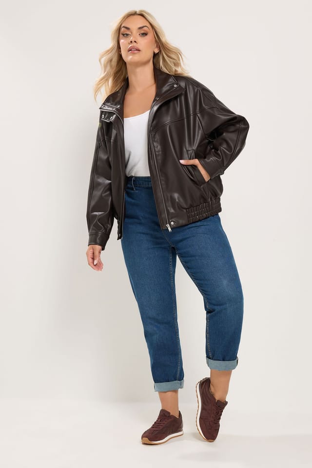 Yours Yours Women's Faux Leather Funnel Neck Jacket in Chocolate - 3