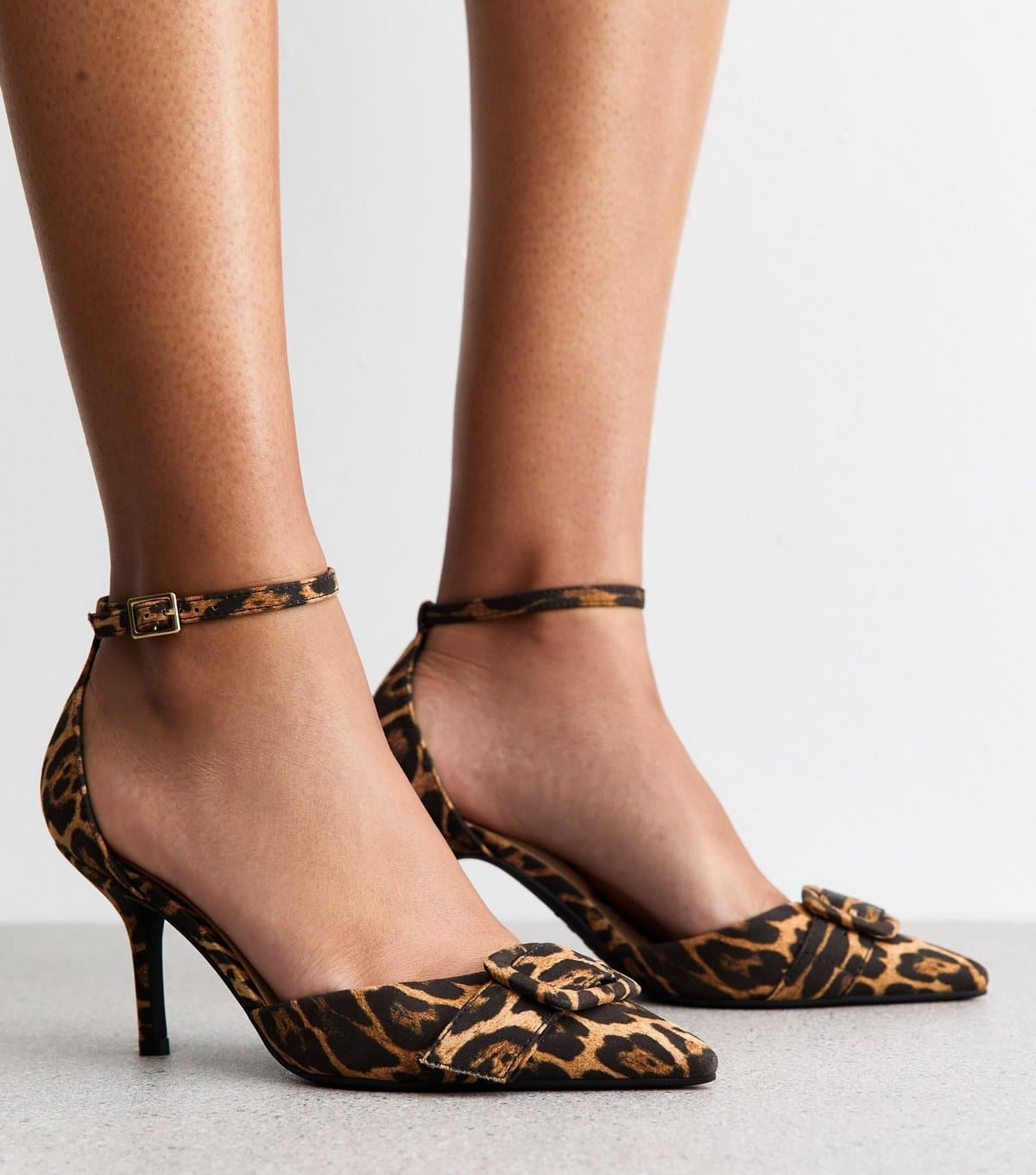 New Look Women's Stone Leopard Print Buckle Front Stiletto Open Court Shoes Vegan New Look