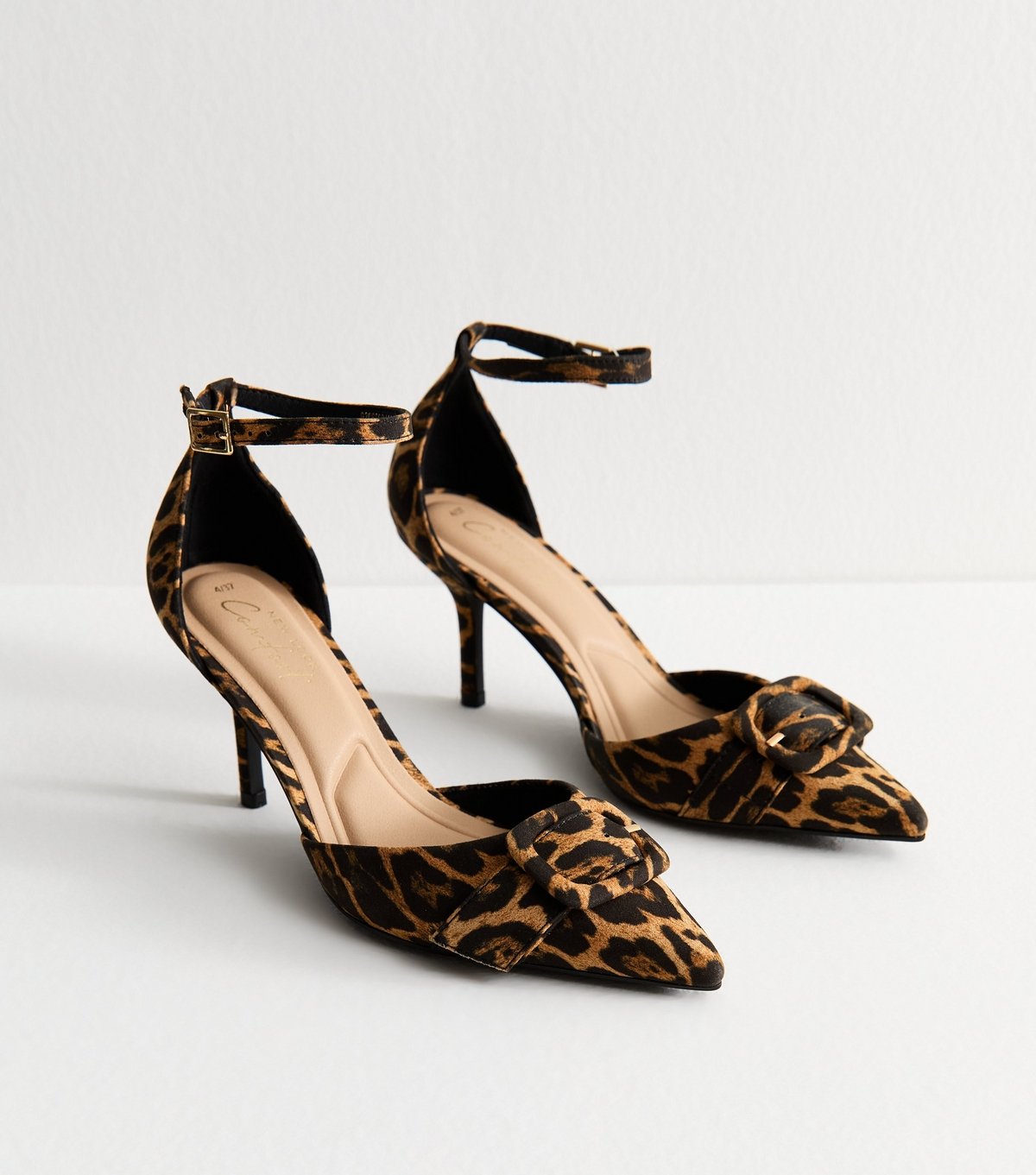 New Look Women's Stone Leopard Print Buckle Front Stiletto Open Court Shoes Vegan New Look - 2