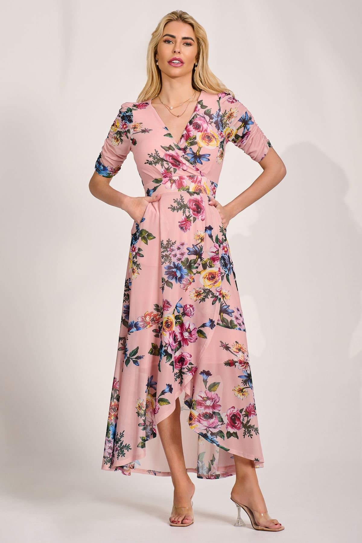 Jolie Moi Jolie Moi Women's Ruched Sleeve Mesh Maxi Dress in Light Pink