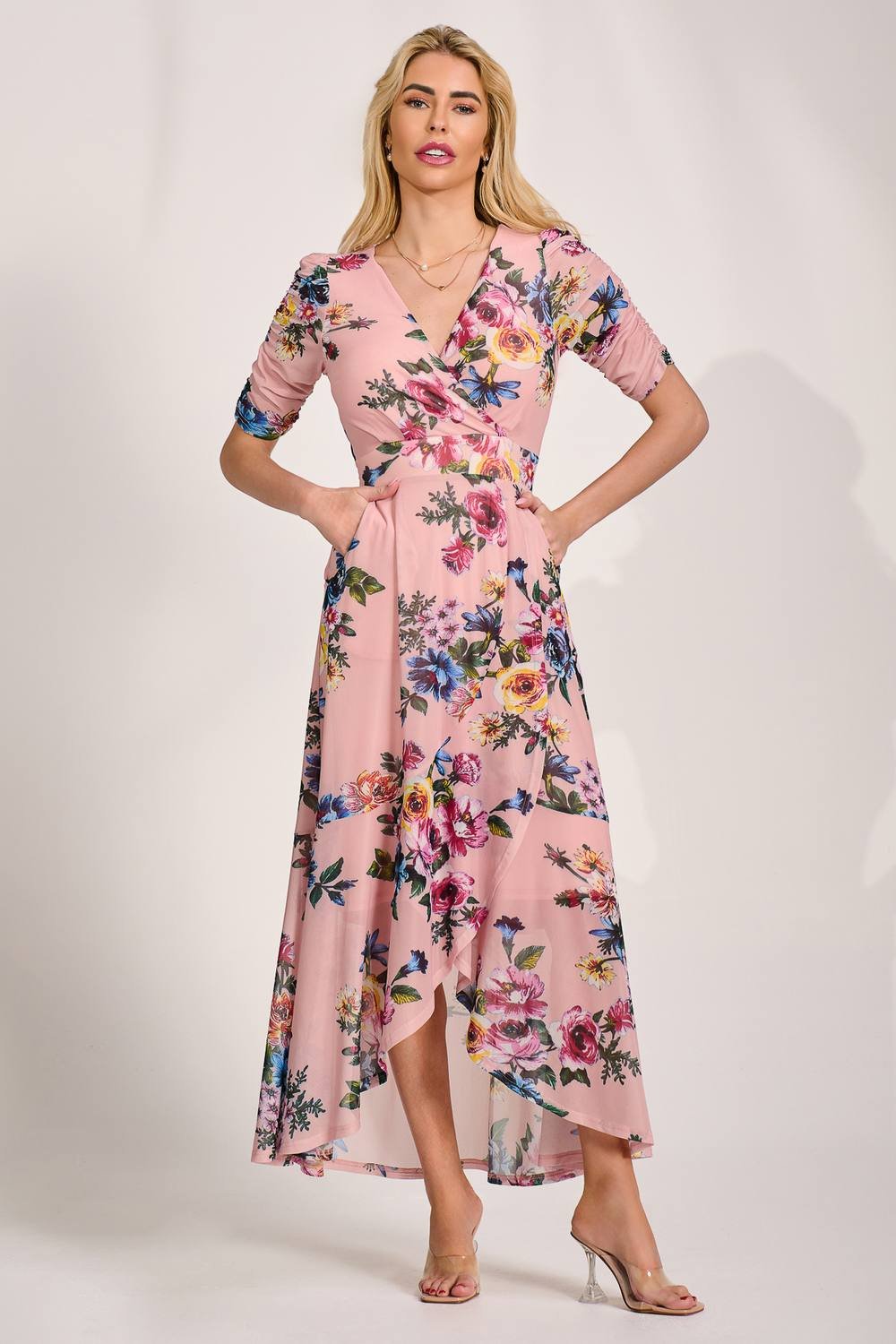 Jolie Moi Jolie Moi Women's Ruched Sleeve Mesh Maxi Dress in Light Pink - 3