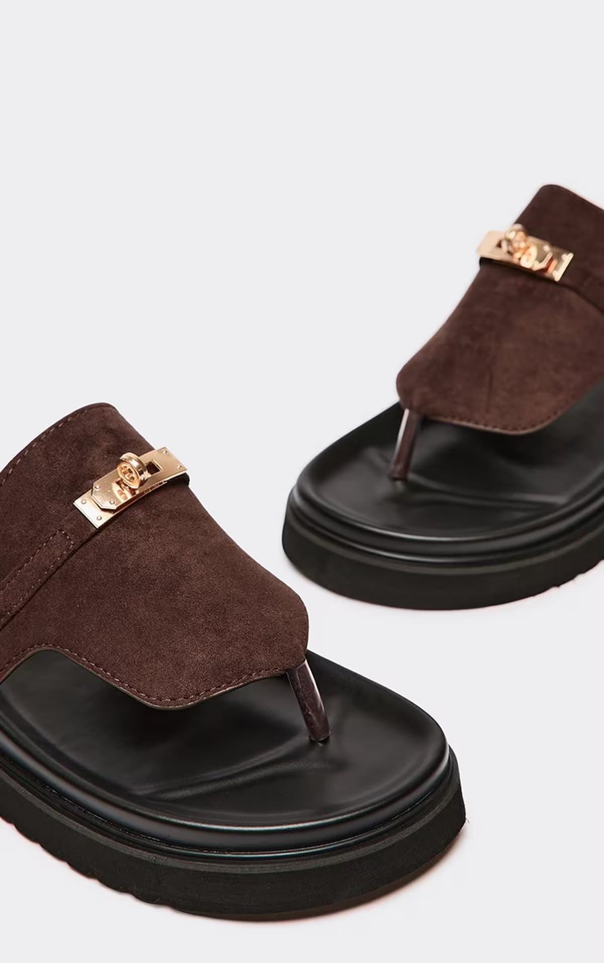 EGO Danni Lock Detail Thong Strap Flat Slider Sandal In Brown Faux Suede, Women's Size UK 3