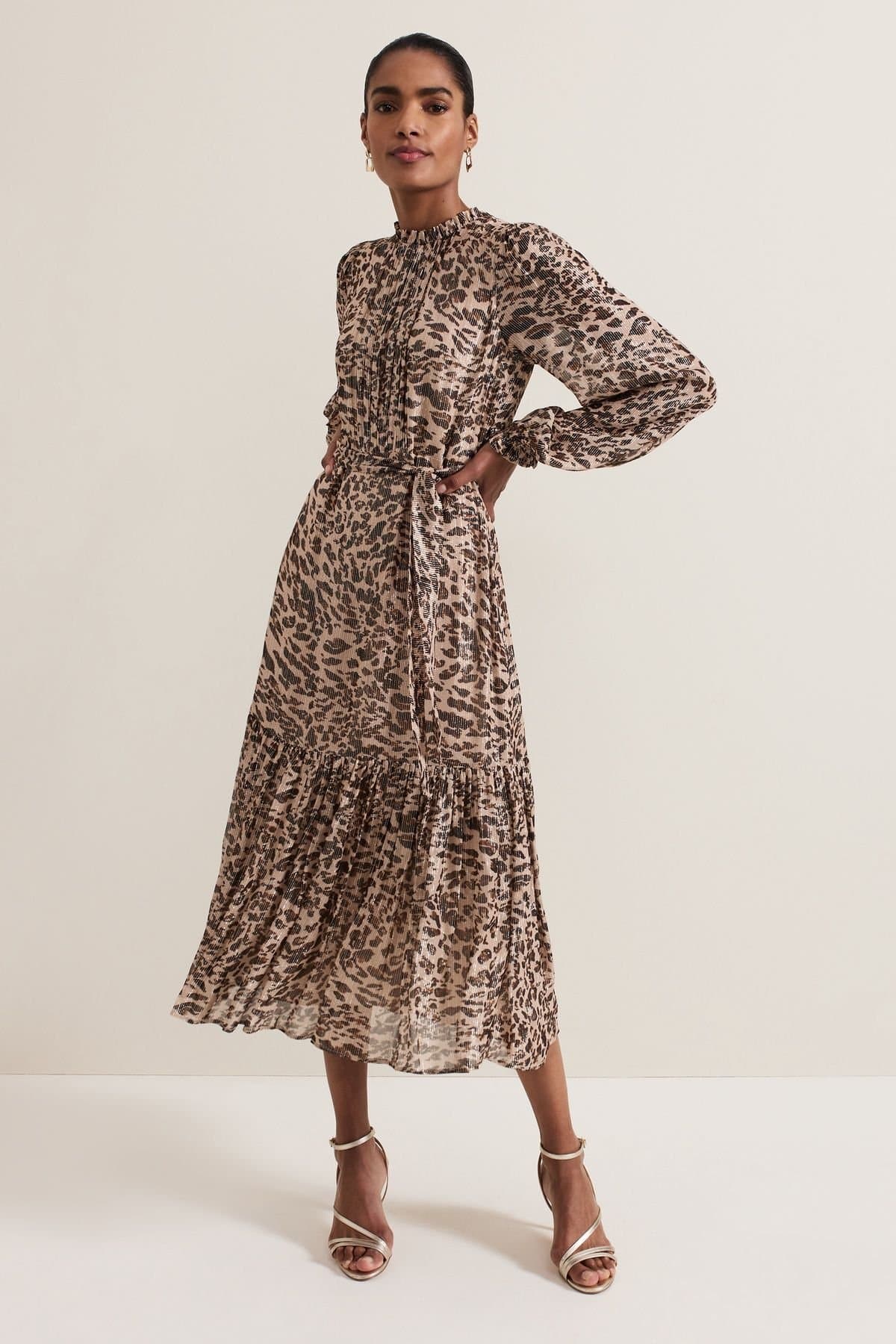 Phase Eight Phase Eight Women's Eve Shimmer Leopard Print Midi Dress in Light Tan