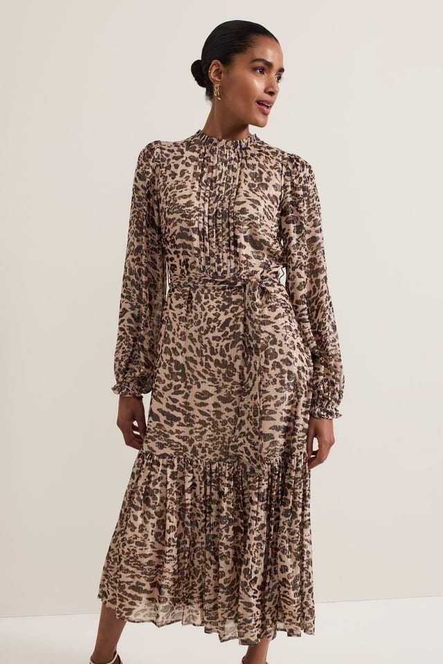 Phase Eight Phase Eight Women's Eve Shimmer Leopard Print Midi Dress in Light Tan - 3