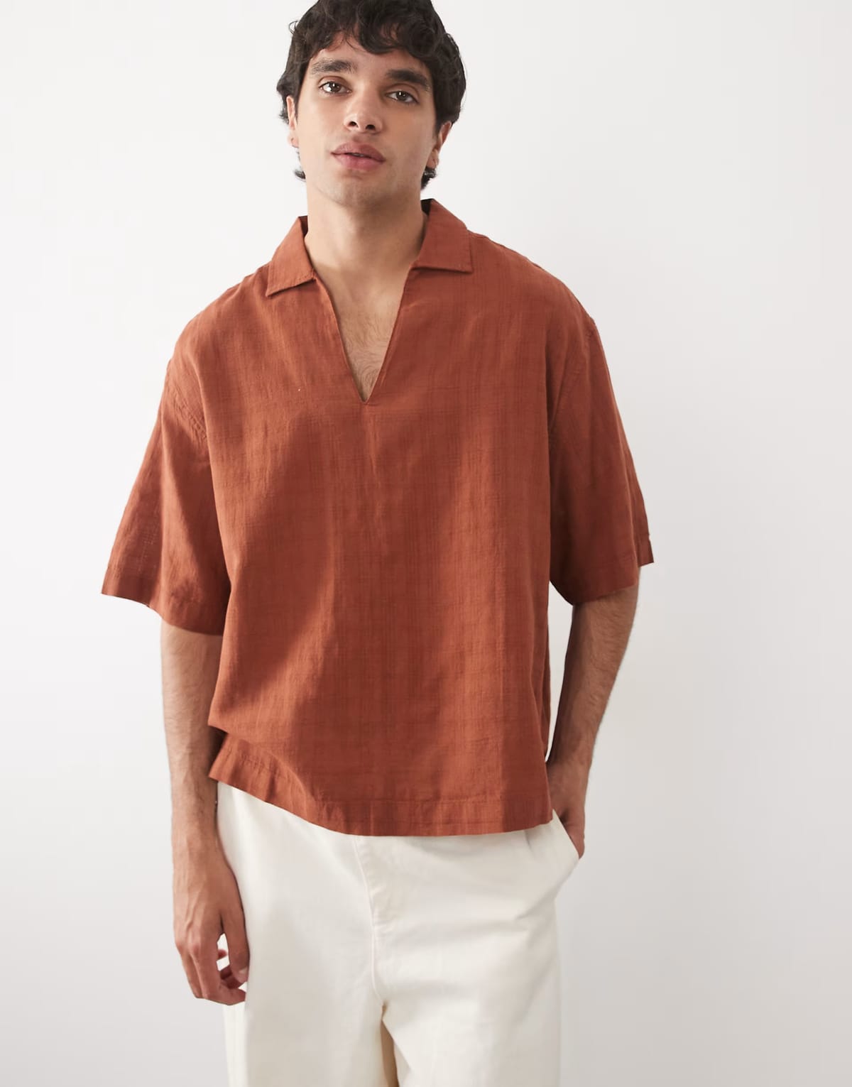 ASOS ASOS DESIGN boxy oversized overhead shirt with linen in brown - 1