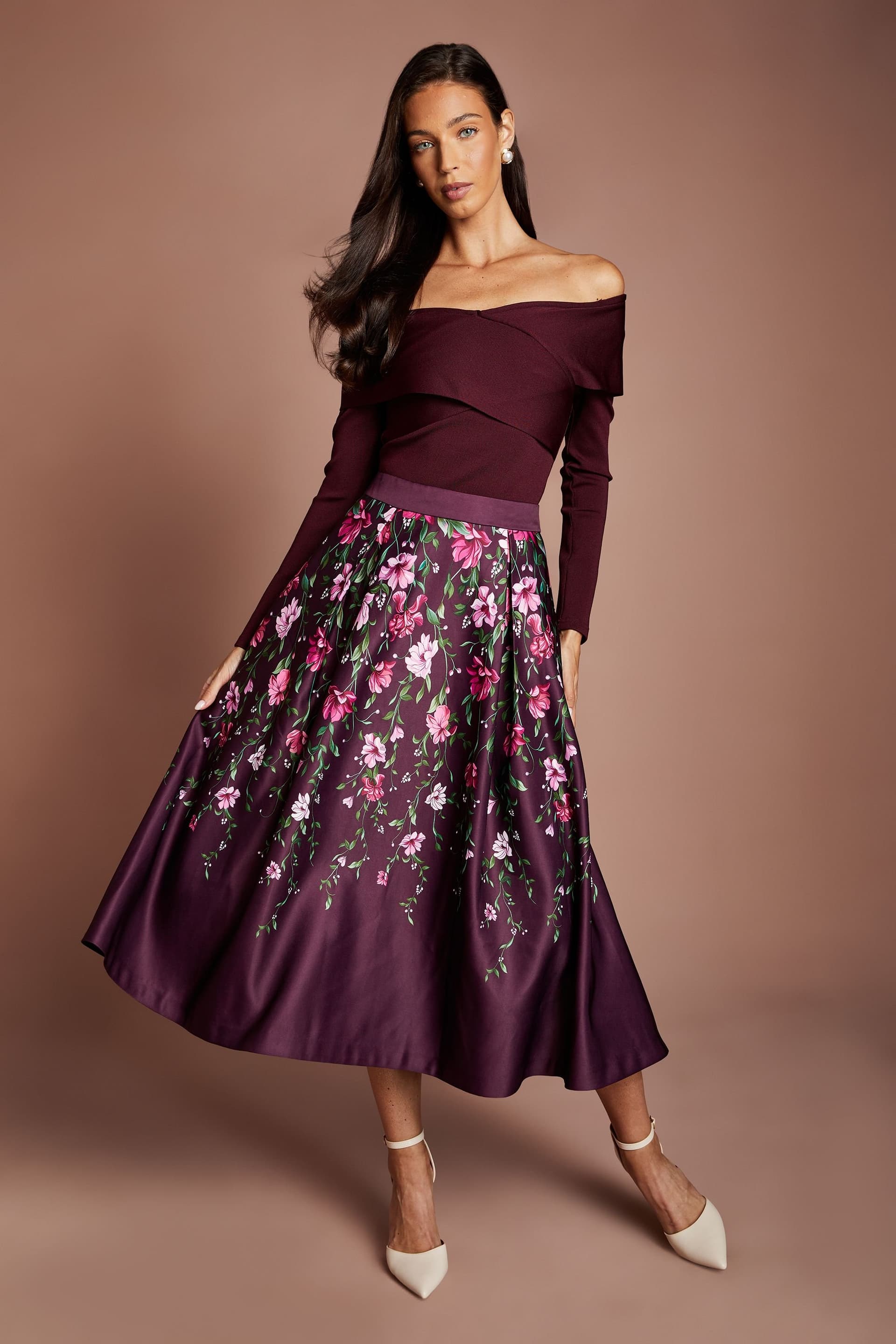 Coast Coast Women's Satin Midi Skirt With Placement Print in Fig