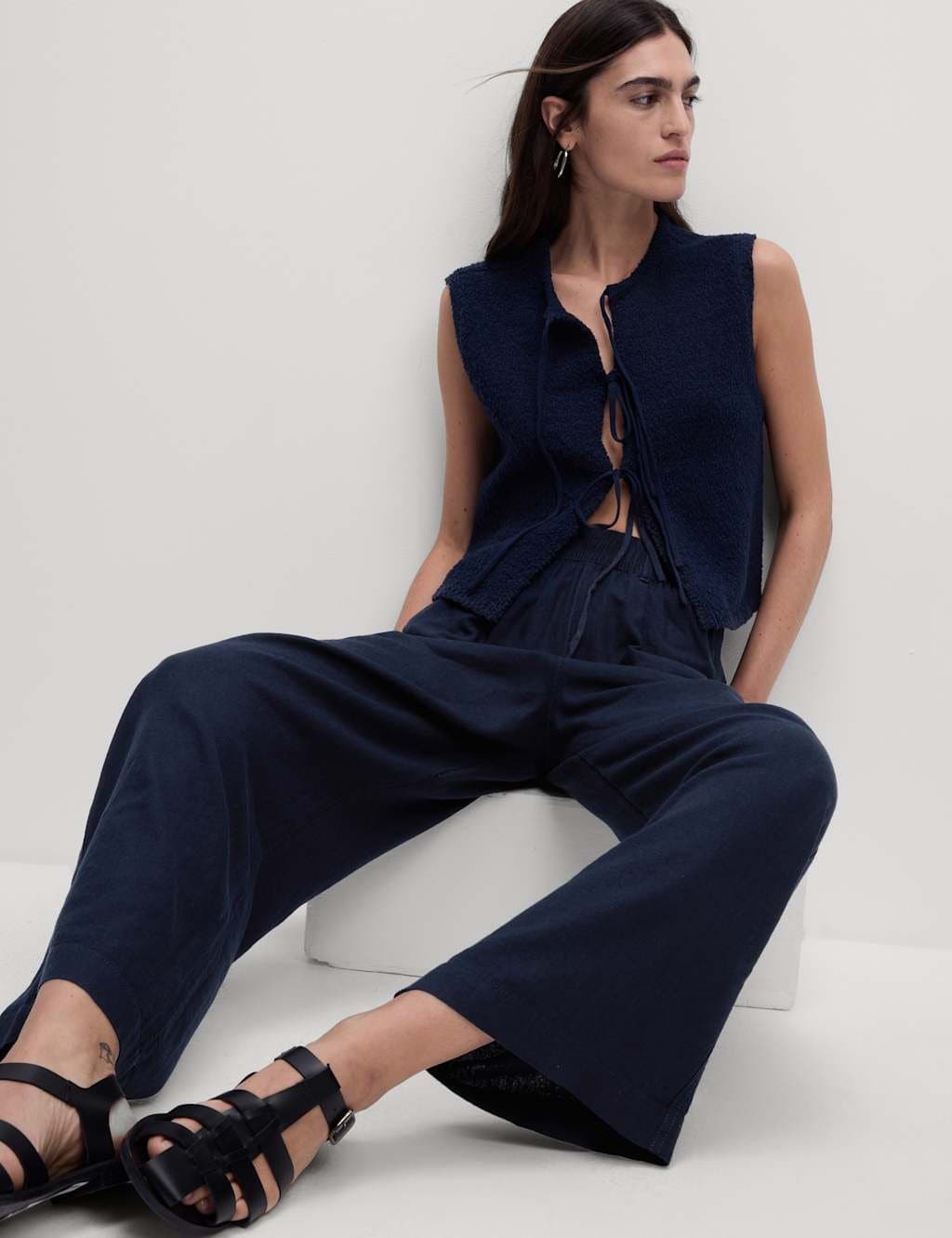 Marks & Spencer M&S Navy Linen Rich Wide Leg Cropped Trousers