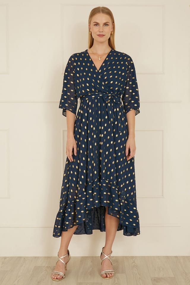 Yumi Yumi Women's Navy Foil Print Wrap Over Dip Hem Midi Dress - 2