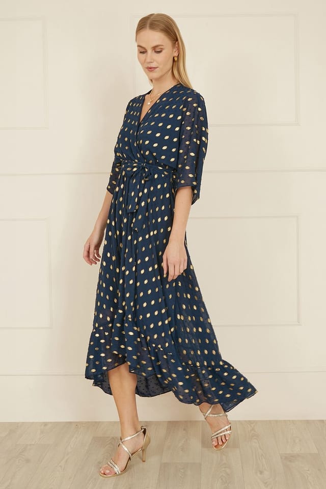 Yumi Yumi Women's Navy Foil Print Wrap Over Dip Hem Midi Dress - 3