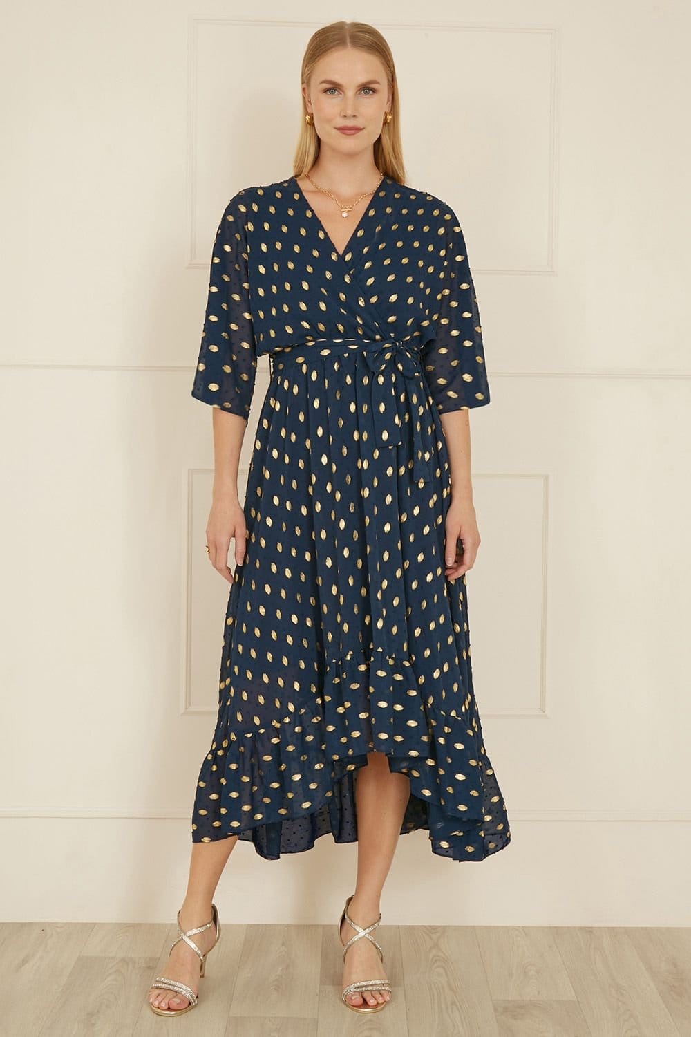 Yumi Yumi Women's Navy Foil Print Wrap Over Dip Hem Midi Dress - 4