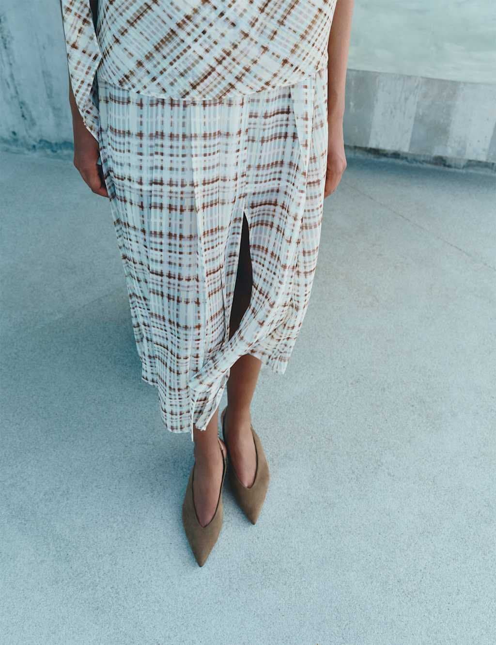 Marks & Spencer M&S Chiffon Checked Midi A-Line Skirt Brown Mix