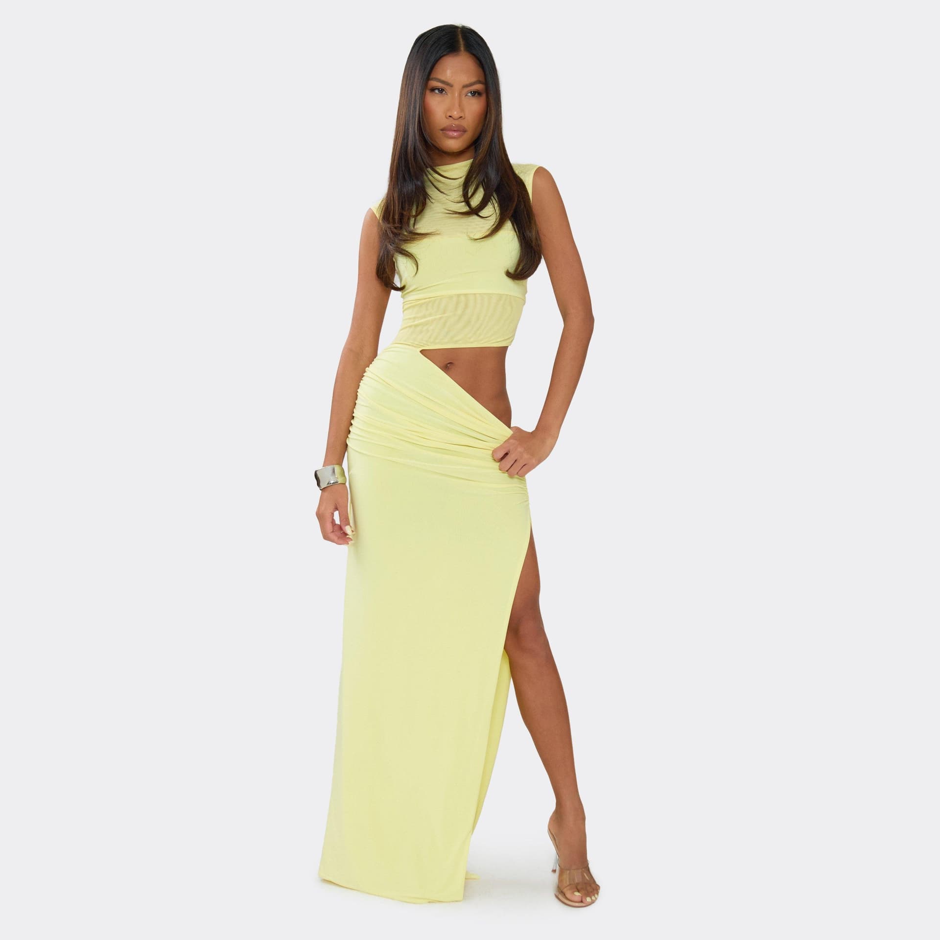 EGO Short Sleeve High Neck Mesh Panel Cut Out Maxi Dress In Lemon, Women's Size UK 6