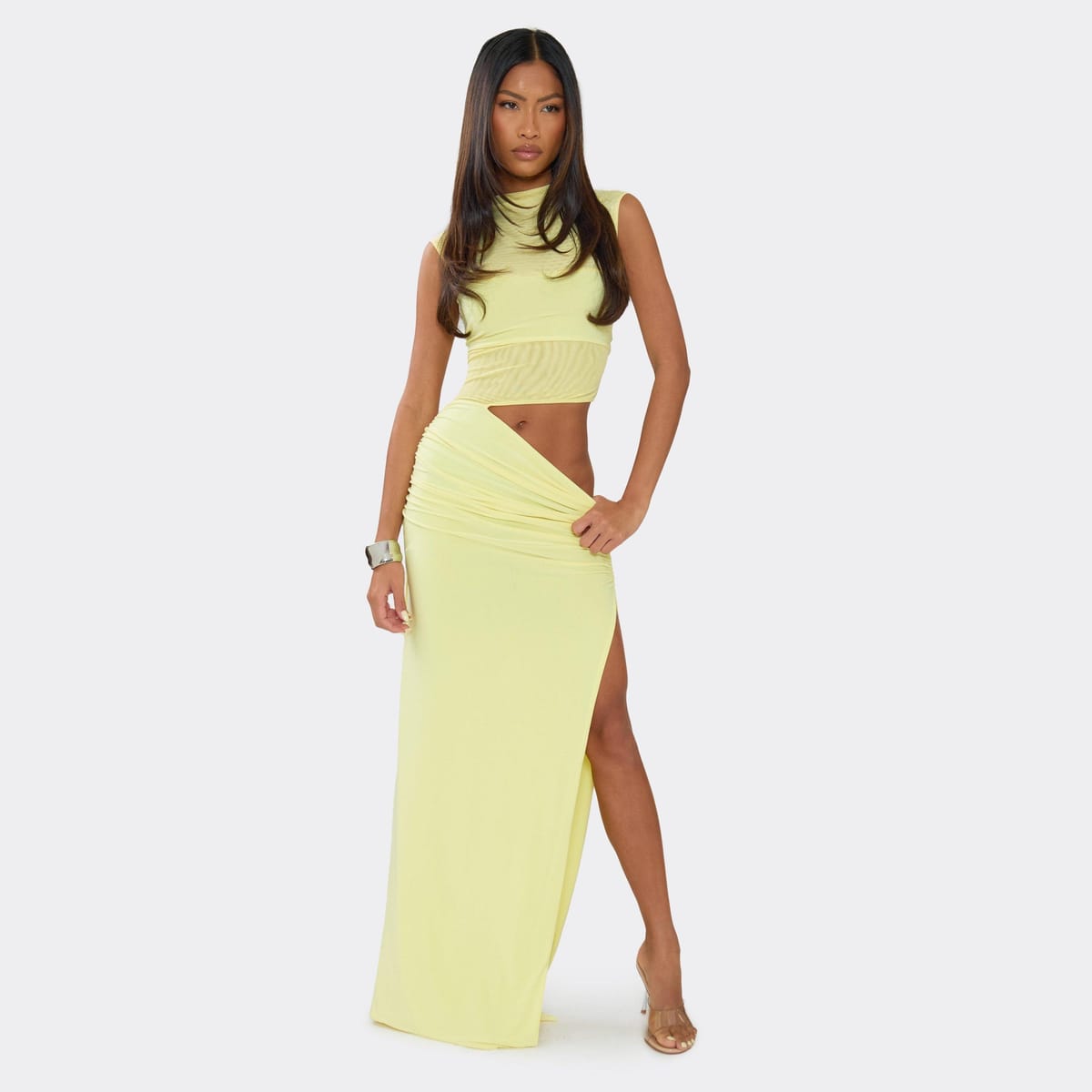 EGO Short Sleeve High Neck Mesh Panel Cut Out Maxi Dress In Lemon, Women's Size UK 6 - 1