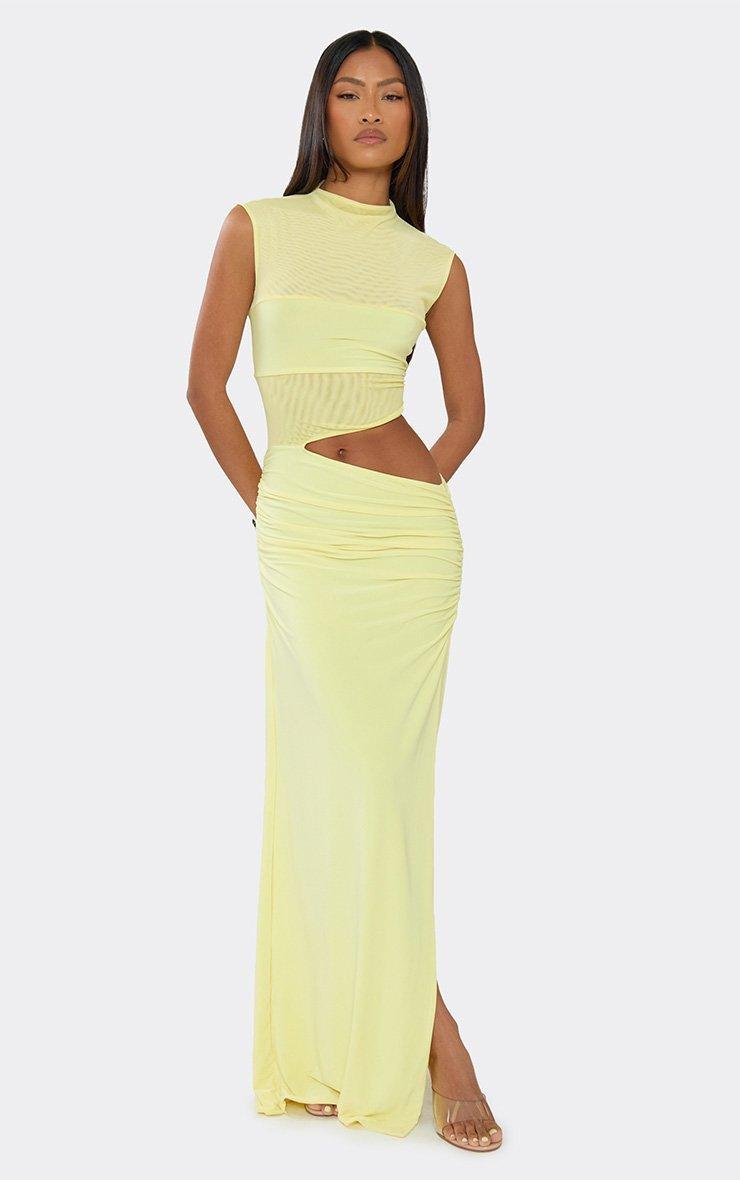 EGO Short Sleeve High Neck Mesh Panel Cut Out Maxi Dress In Lemon, Women's Size UK 6 - 2