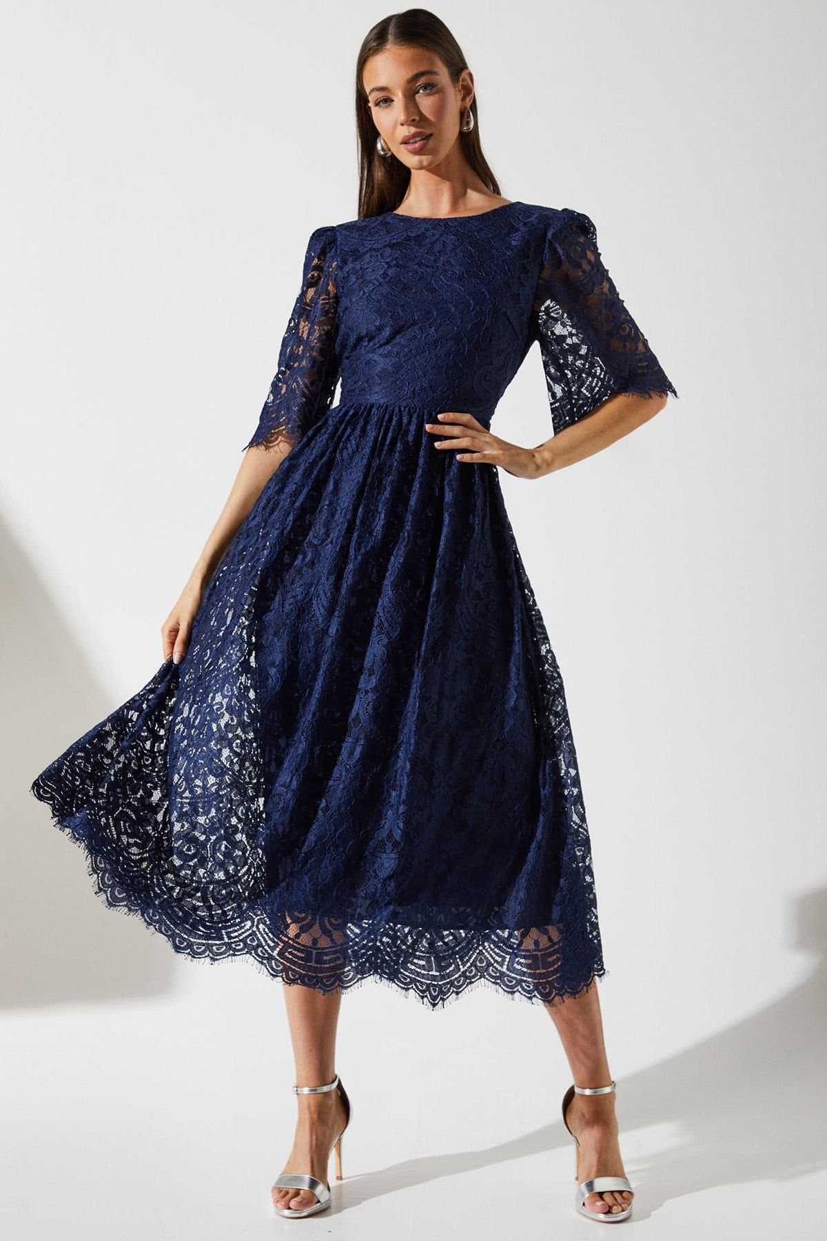 Coast Coast Women's Lace Short Sleeve Midi Dress in Navy