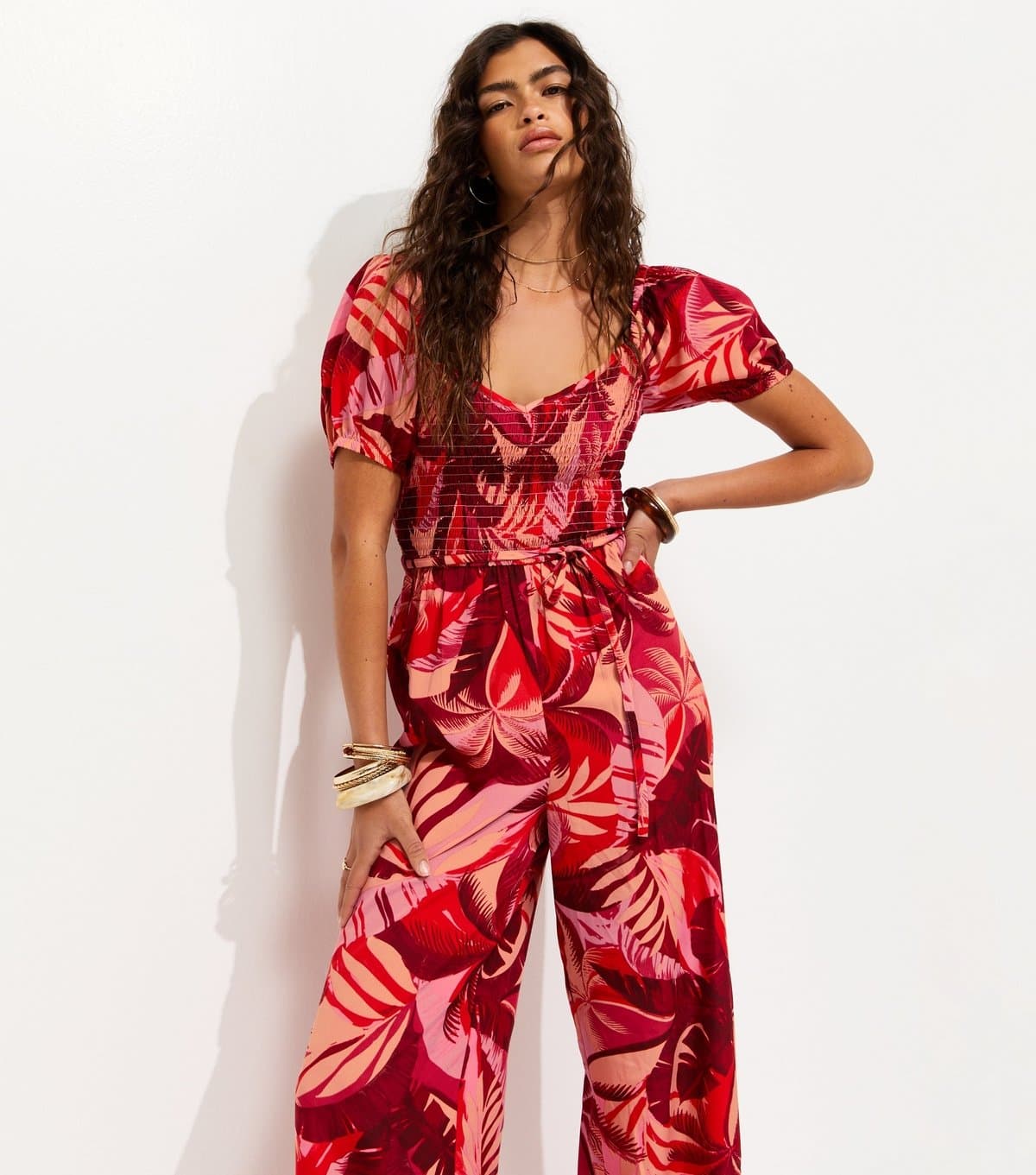 New Look Women's Red Crepe Tropical Shirred Jumpsuit New Look