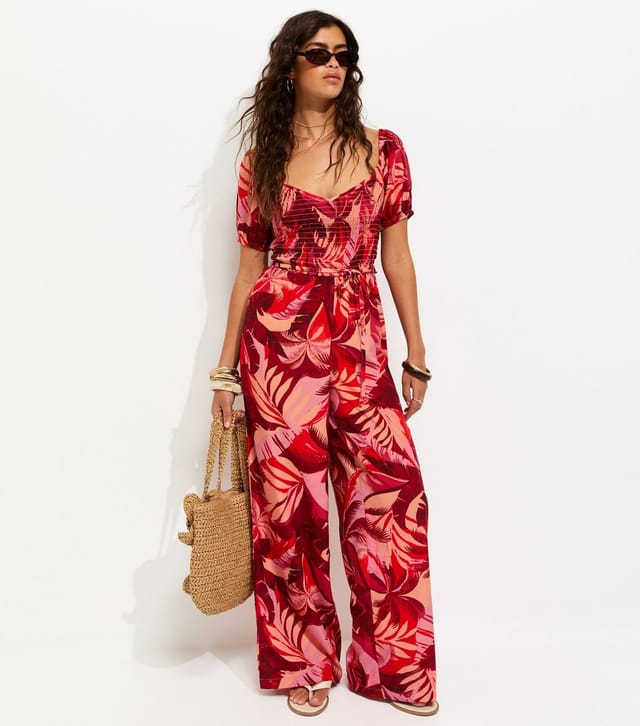 New Look Women's Red Crepe Tropical Shirred Jumpsuit New Look - 3