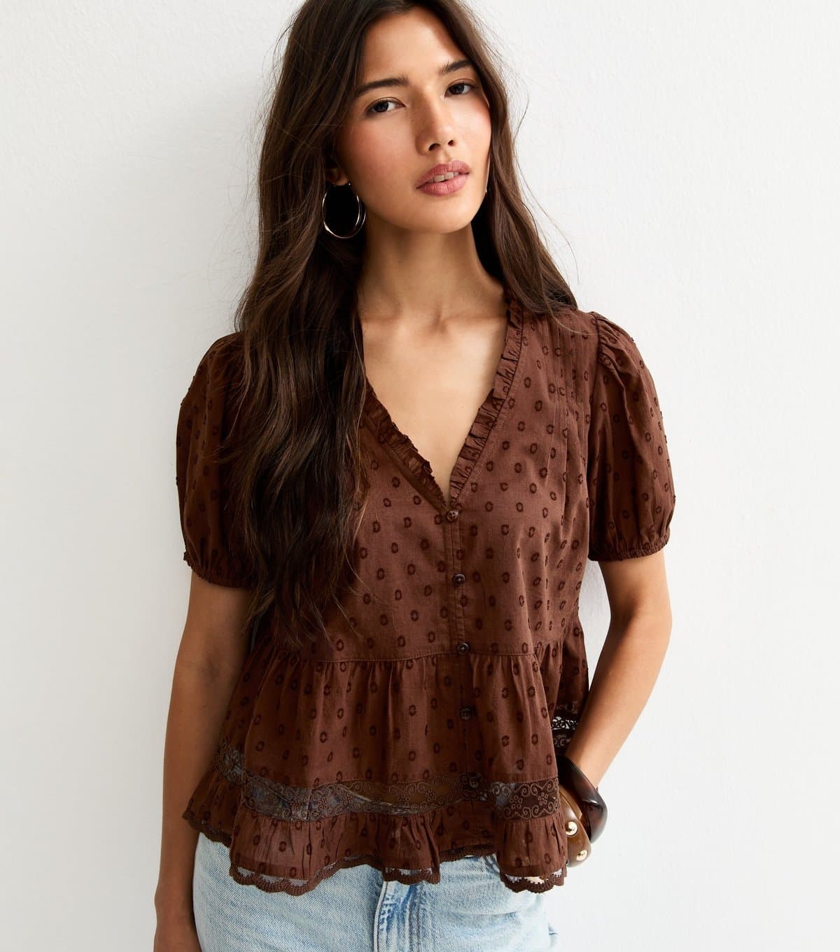 New Look Women's Dark Brown Speckled Lace Tea Blouse New Look