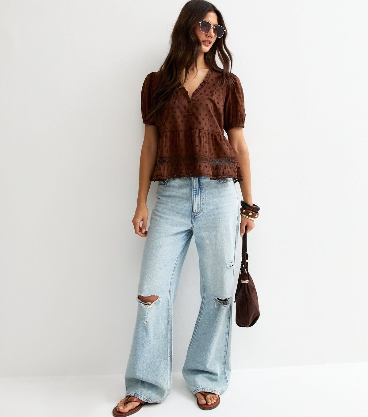 New Look Women's Dark Brown Speckled Lace Tea Blouse New Look - 4