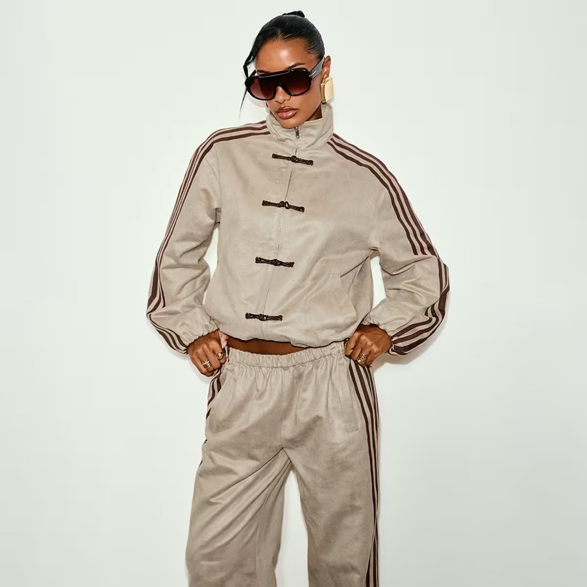 EGO Long Sleeve High Neck Side Stripe Military Detail Oversized Jacket In Stone Faux Suede, Women's Size UK 6