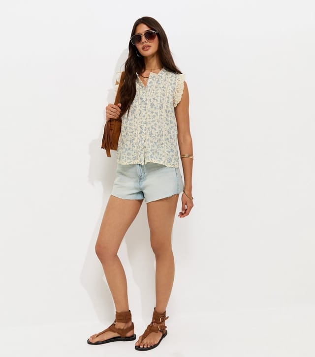 New Look Women's Blue Dobby Floral Print Lace Trim Pleated Blouse New Look - 3
