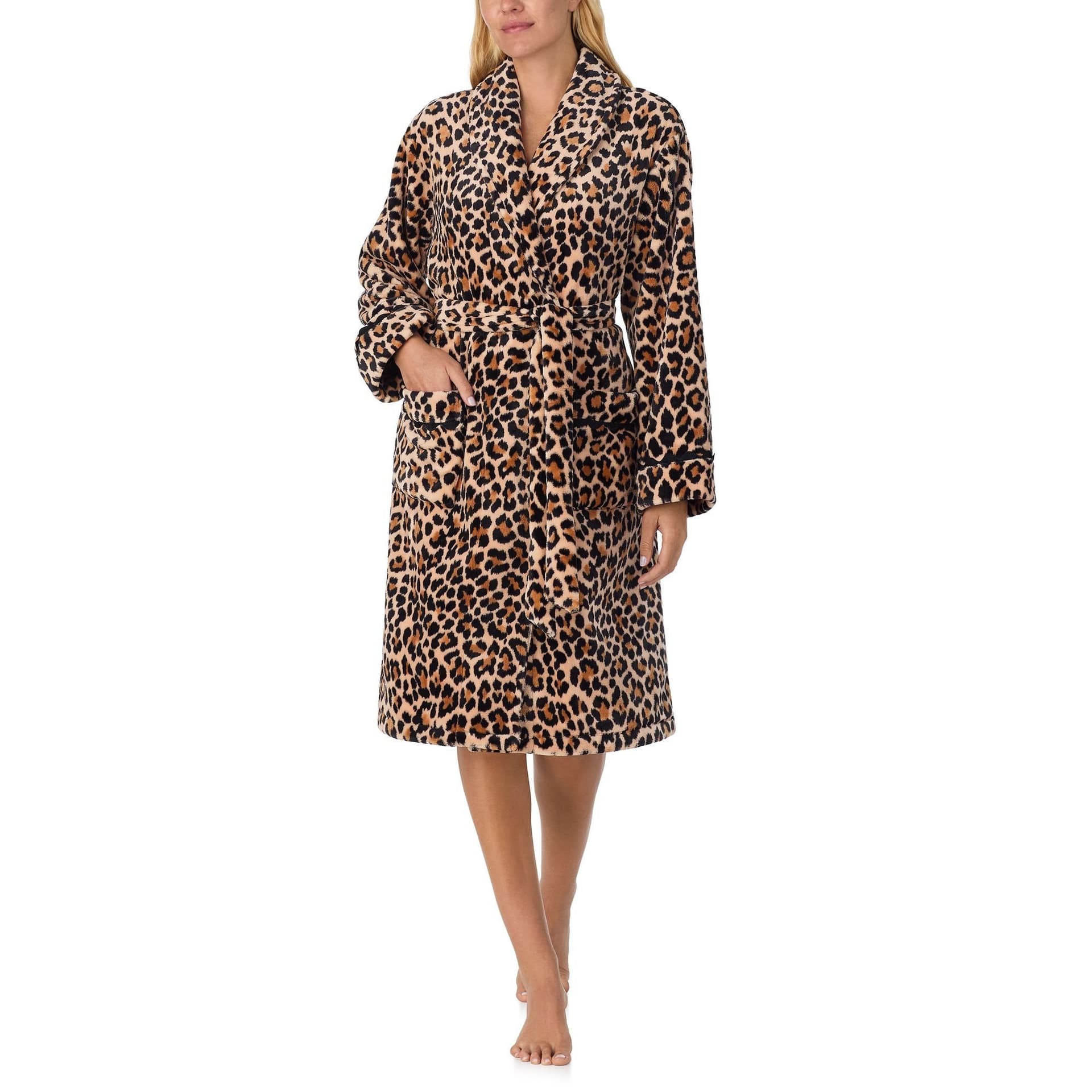 kate spade new york Kate Spade New York Women's Long Plush Long Sleeve Robe In Flattering Leopard With Tie