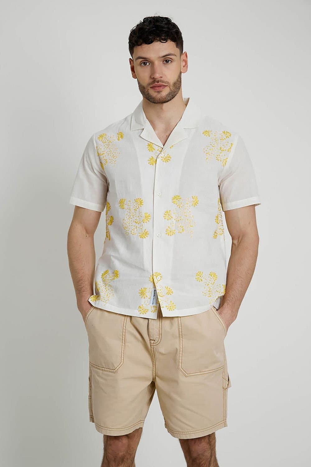 Native Youth Native Youth Men's Cotton Short Sleeve Lightweight Embroidered Relaxed Shirt in Off-White