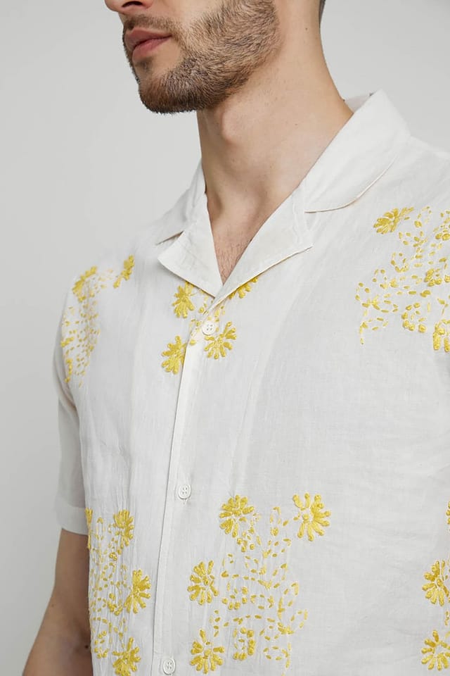 Native Youth Native Youth Men's Cotton Short Sleeve Lightweight Embroidered Relaxed Shirt in Off-White - 3