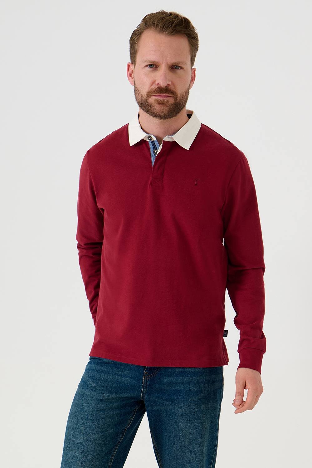 Saltwell Saltwell Men's Contrast Collar Cotton Long Sleeve Polo Shirt in Red - 2