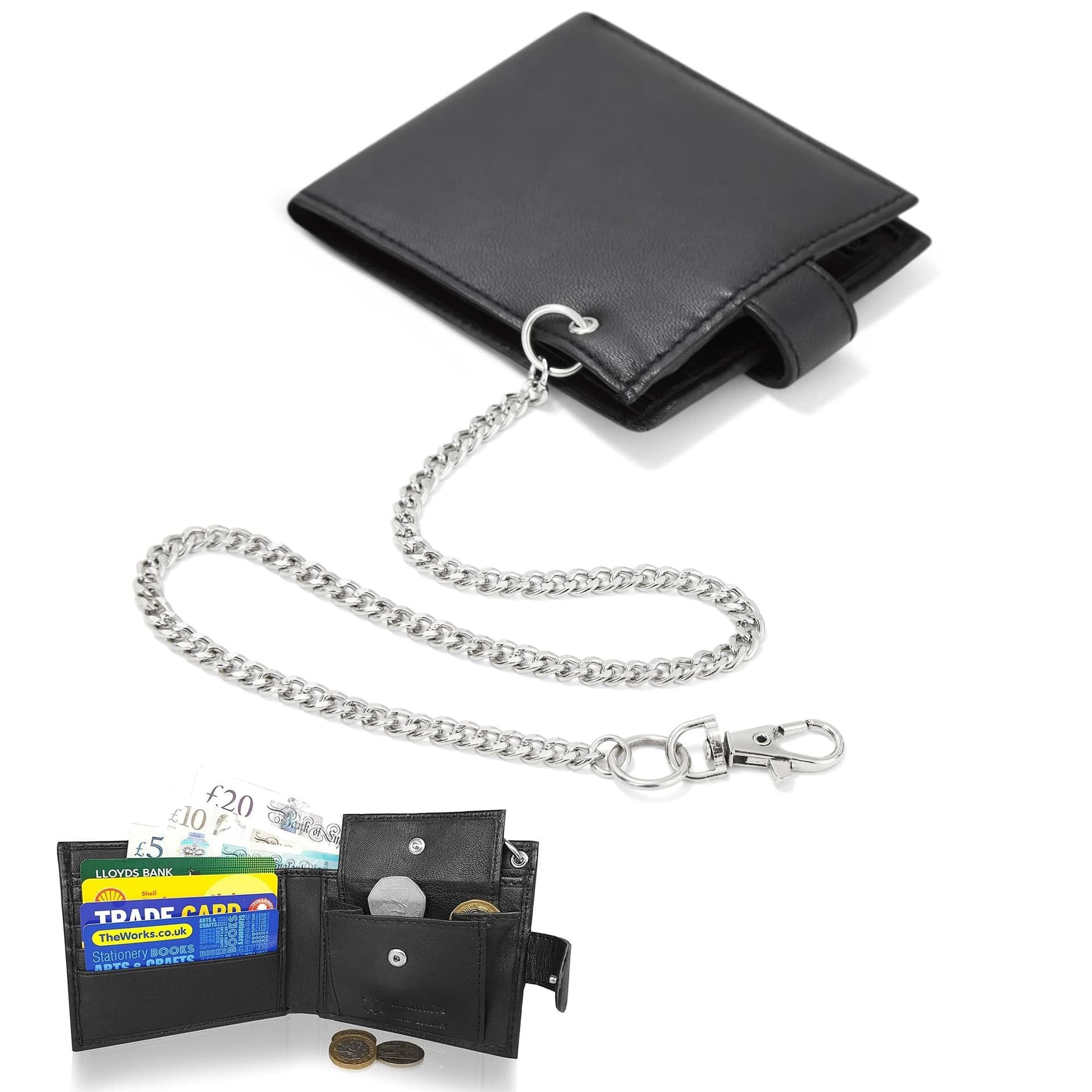 Woodland Leathers Woodland Leathers Men's Men's RFID Leather Biker Wallet with Chain & Coin Pocket in Black