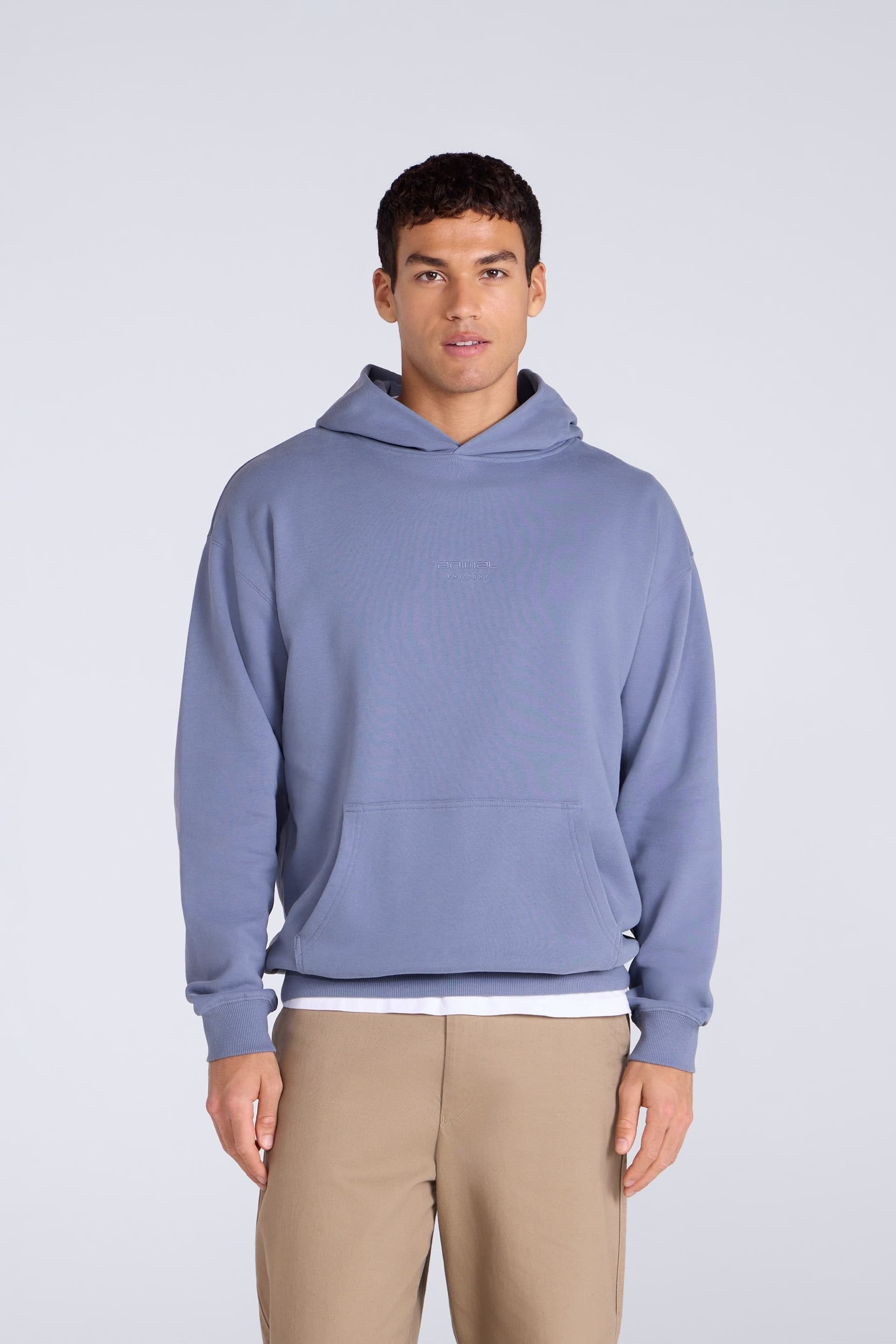 Animal Animal Men's 'Icon' Logo Print Kangaroo Pocket Cotton Snug Fit Drop Shoulder Hoody in Blue