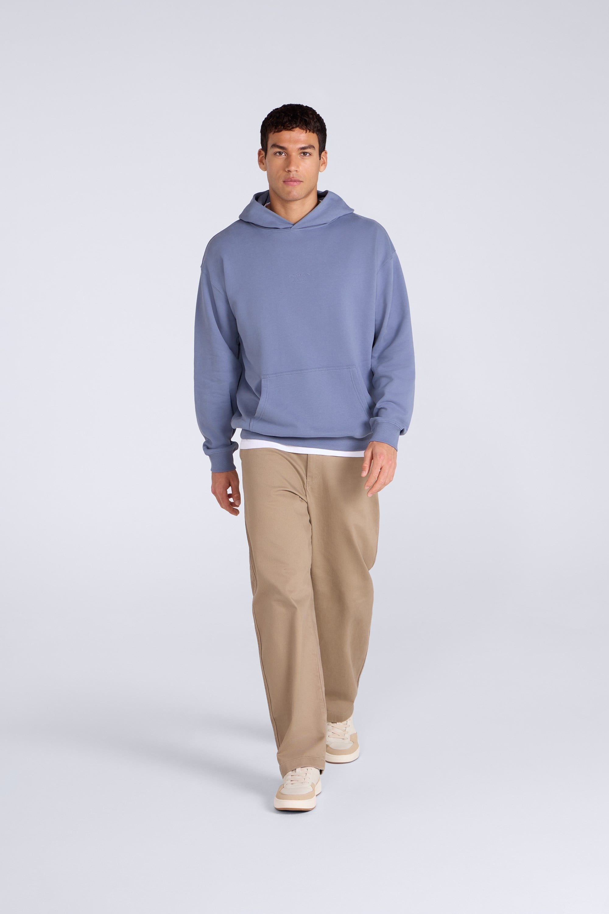 Animal Animal Men's 'Icon' Logo Print Kangaroo Pocket Cotton Snug Fit Drop Shoulder Hoody in Blue - 2